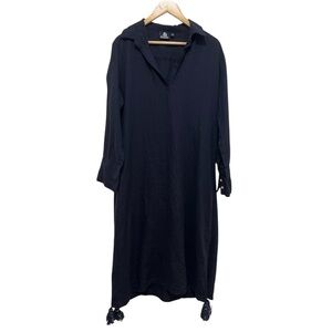 MADISON MADISON 100% Linen Kaftan Maxi Dress Tassels Size Medium Dark Navy Blue